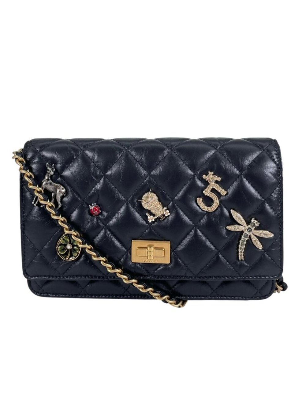 Chanel 2.55 Quilted Icon Charm Embroidery Chain Wallet Shoulder Bag Calfskin